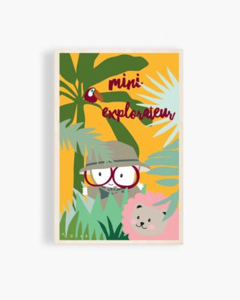 carte postale en bois mini explorateur jungle toucan lion rose vert jaune bleu feuilles