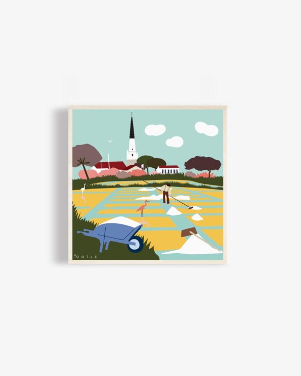 Affiche en bois ile de ré marais salants clocher d’Ars 30x30cm
