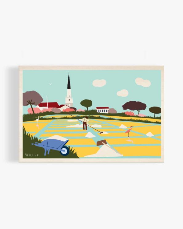 Carte postale en bois marais salants ile de ré clocher d’Ars